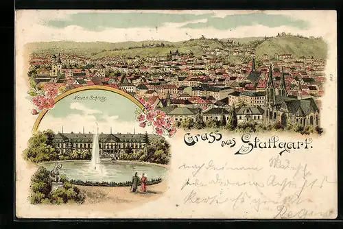 Lithographie Stuttgart, Panorama und Neues Schloss