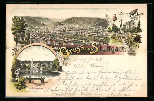 Lithographie Stuttgart, Ortsansicht aus der Vogelschau und K. Residenzschloss