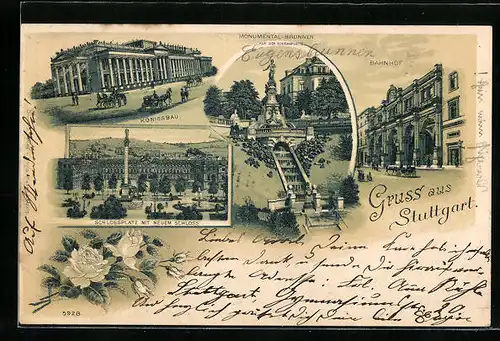 Lithographie Stuttgart, Königsbau, Schlossplatz, Monumental-Brunnen und Bahnhof