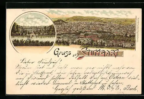 Lithographie Stuttgart, Residenzschloss mit Gesamtansicht aus der Vogelschau