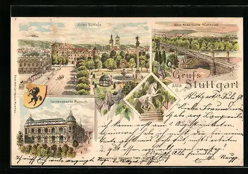 Lithographie Stuttgart, Altes Schloss, Landesgewerbemuseum, Neue Neckarbrücke