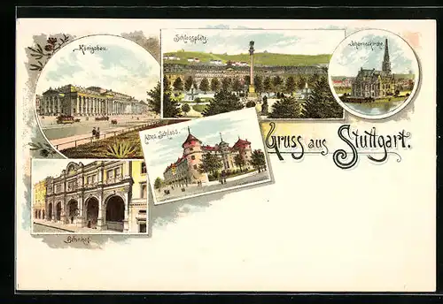 Lithographie Stuttgart, Königsbau, Schlossplatz, Johanneskirche, Bahnhof und altes Schloss