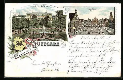 Lithographie Stuttgart, Stadtgarten und Polytechnikum, Marktplatz