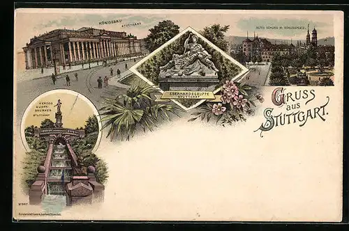 Lithographie Stuttgart, Königsbau, Herzog Eugen-Brunnen, Eberhardsgruppe, Altes Schloss mit Schlossplatz