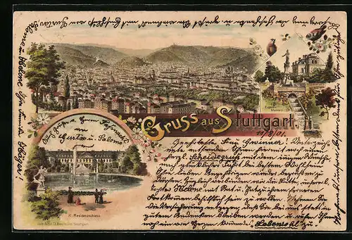 Lithographie Stuttgart, K. Residenzschloss, Eugens-Brunnen, Totalansicht aus der Vogelschau