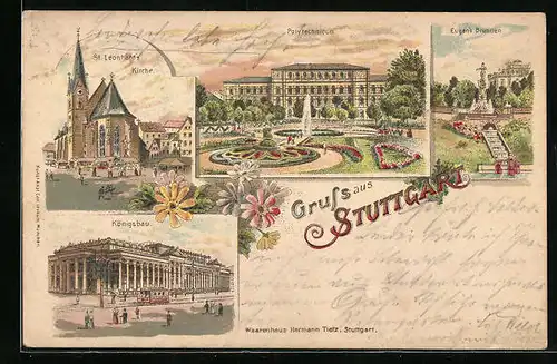 Lithographie Stuttgart, St. Leonhards Kirche, Polytechnikum, Eugens Brunnen und Königsbau