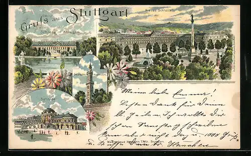 Lithographie Stuttgart, Neues Schloss, Solitude, Schloss mit Anlagen, Degerlocher Aussichtsturm
