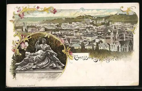 Lithographie Stuttgart, Eberhards-Gruppe mit Panorama der Stadt