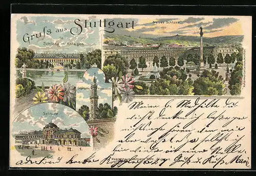 Lithographie Stuttgart, Neues Schloss, Solitude, Schloss mit Anlagen, Degerlocher Aussichtsturm