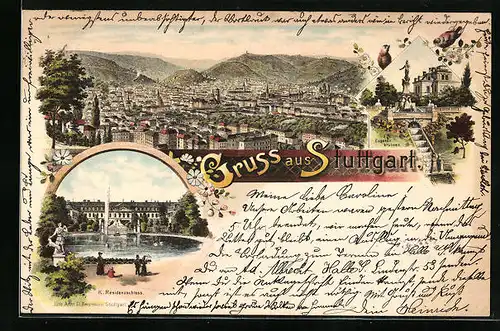 Lithographie Stuttgart, Ortsansicht aus der Vogelschau und K. Residenzschloss und Eugens Brunnen