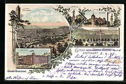 Lithographie Stuttgart, Aussichtsturm auf dem Hasenberg, Hotel Royal, Eugens Brunnen und Altes Schloss