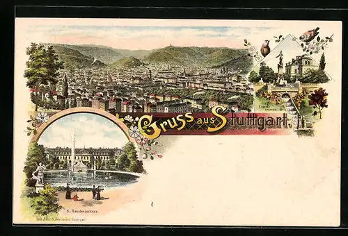 Lithographie Stuttgart, Totalansicht, K. Residenzschloss, Eugensbrunnen