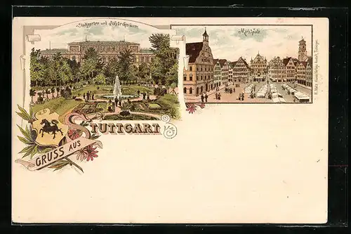 Lithographie Stuttgart, Stadtgarten und Polytechnikum mit Marktplatz