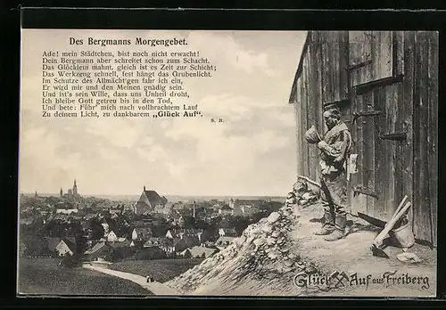 AK Freiberg i. Sa., Bergmann vor Hütte über der Stadt beim Morgengebet, Text