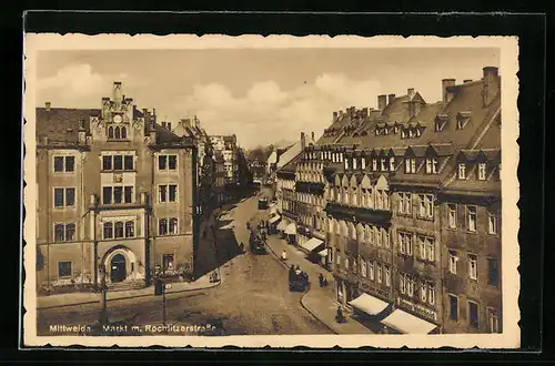 AK Mittweida, Markt mit Rochlitzerstrasse aus der Vogelschau