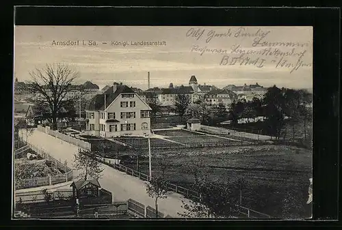 AK Arnsdorf i. Sa., Königliche Landesanstalt mit Strasse und Gärten aus der Vogelschau