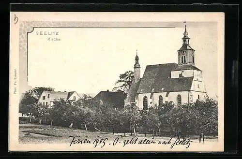 AK Seelitz, Kirche hinter Obstbäumen