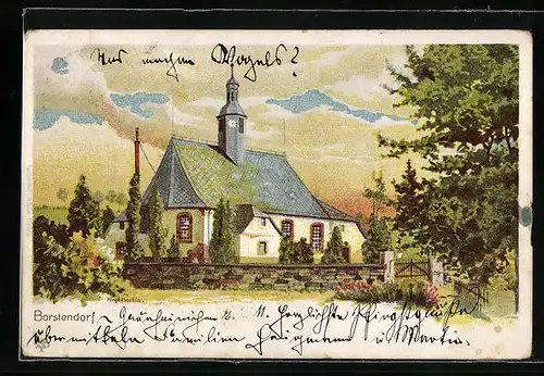 Künstler-AK Borstendorf, Kirche mit Mauer