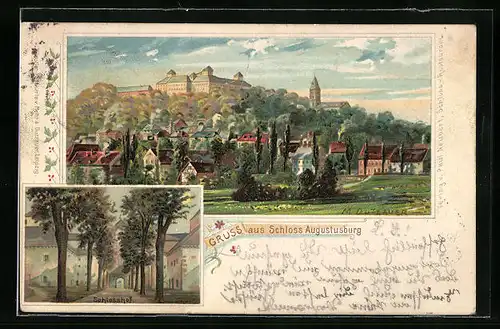 Lithographie Augustusburg, Ortsansicht mit Schloss, Schlosshof