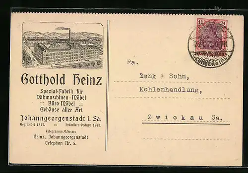 AK Johanngeorgenstadt /Sa., Korrespondenzkarte der Firma Gotthold Heinz - Abbildung der Möbelfabrik