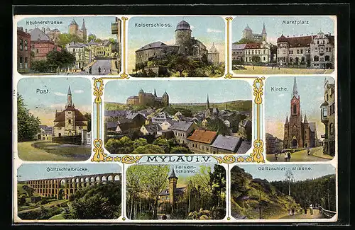 AK Mylau i. V., Gasthaus Felsenschänke, Kirche, Kaiserschloss