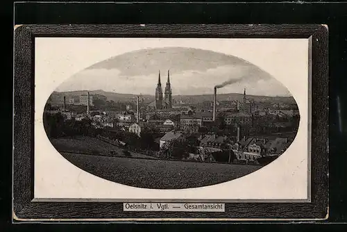 Präge-AK Oelsnitz i. V., Gesamtansicht, Passepartout