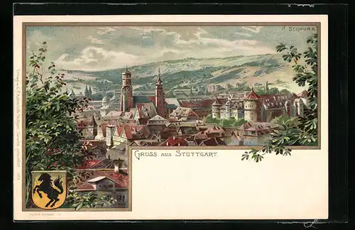 Lithographie Stuttgart, Ortsansicht und Wappen