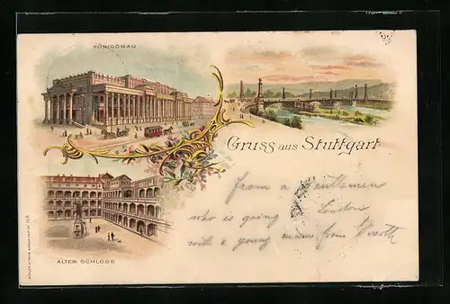 Lithographie Stuttgart, Königsbau, Brücke, Altes Schloss