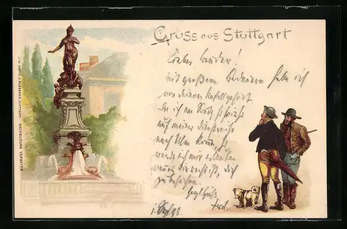 Lithographie Stuttgart, Eugens-Brunnen und zwei Besucher mit Hund