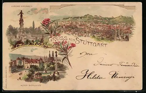 Lithographie Stuttgart, Eugens-Brunnen, Ortsansicht, Altes Schloss