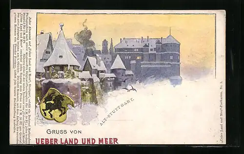 Künstler-AK Stuttgart, Partie in Alt-Stuttgart im Winter, Wappen