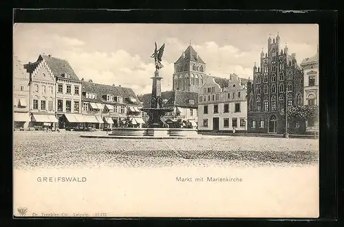 AK Greifswald, Markt mit Marienkirche