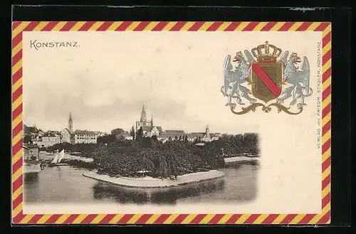 AK Konstanz, Panorama der Stadt und geprägtes Wappen