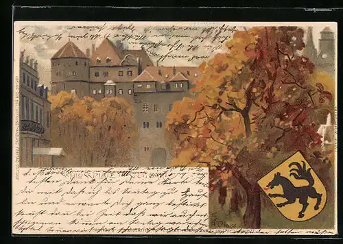 Lithographie Stuttgart, Schlossplatz im Herbst, Wappen