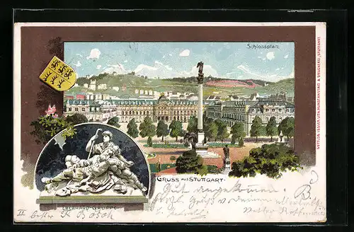 Lithographie Stuttgart, Schlossplatz und Eberhard-Gruppe, Wappen