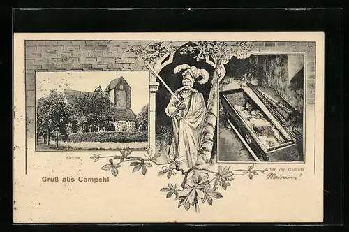 Passepartout-AK Campehl, Kirche und Ritter von Calbutz