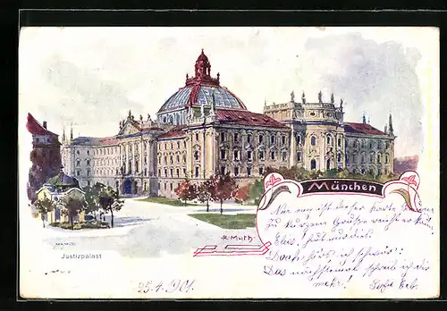 Künstler-AK München, Justizpalast mit Strasse