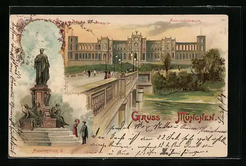 Lithographie München, Maximilianeum hinter Brücke, Denkmal Maximilian II.