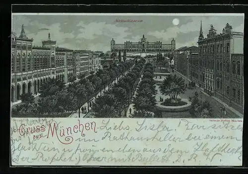 Mondschein-AK München, Maximilianstrasse aus der Vogelschau