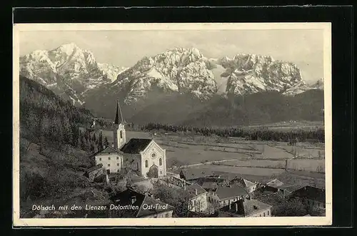 AK Dölsach, Ortsansicht mit den Lienzer Dolomiten