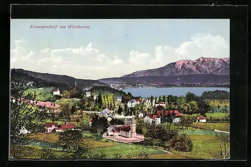 AK Krumpendorf am Wörthersee, Ortsansicht mit See- und Bergblick
