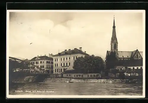 AK Villach, Drau mit Nikolai-Kirche und Cafe Drau