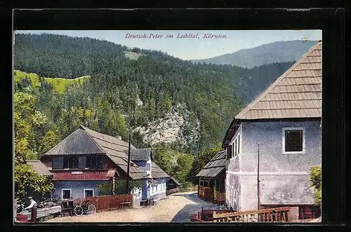 AK Deutsch-Peter im Loibltal, Ortspartie mit Bergpanorama