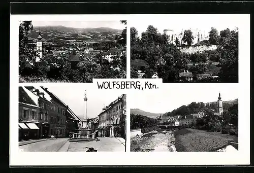 AK Wolfsberg, Strassenpartie mit Geschäft und Denkmal, Burg, Ortspartie mit Kirche