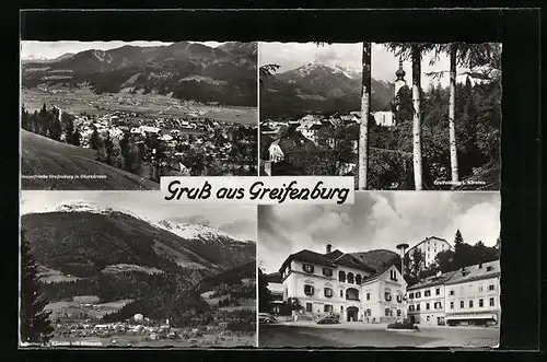 AK Greifenburg, Ortspartie mit Hotel Drautalerhof, Ortspartie mit Kirche, Teilansicht