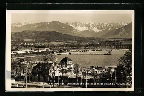 AK Klagenfurt am Wörthersee, Strandcafe und Strandbad mit Blick auf die Karawanken