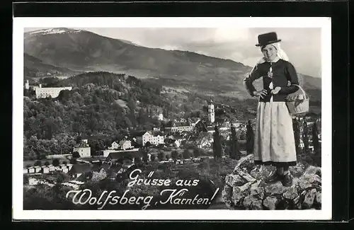 AK Wolfsberg, Teilansicht und Frau in Tracht
