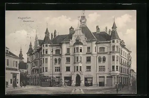 AK Klagenfurt, Stauderhaus mit Strassenbahn