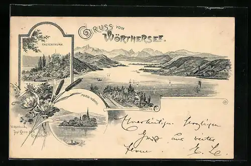 Lithographie Maria Wörth, Ortsansicht am Wörthersee