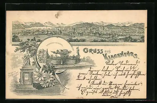 Lithographie Klagenfurt, Totalansicht mit Lindwurm-Denkmal und Theresiendenkmal